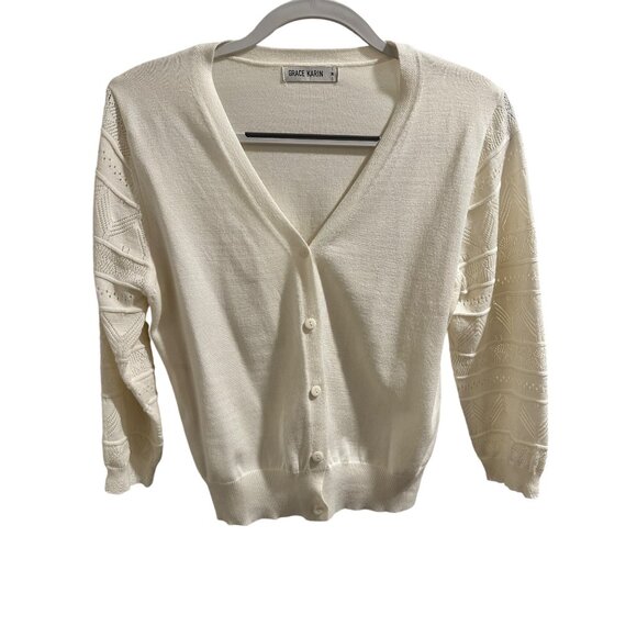 🍒 2/$20 🍒 Ivory Button-Up Pierced Sleeve Cardigan sz Small - Picture 1 of 7